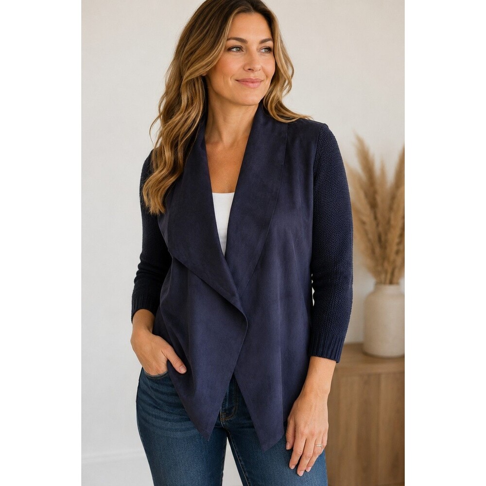 Dress Barn Womens Cardigan Sweater Large Blue Long Open Faux Suede Fabric W Knit
